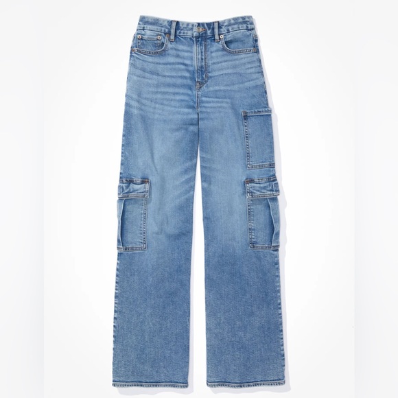 NWT AE Curvy Super High-Rise Baggy Wide-Leg Cargo Blue Jeans, stretch, size 0 - Picture 5 of 14